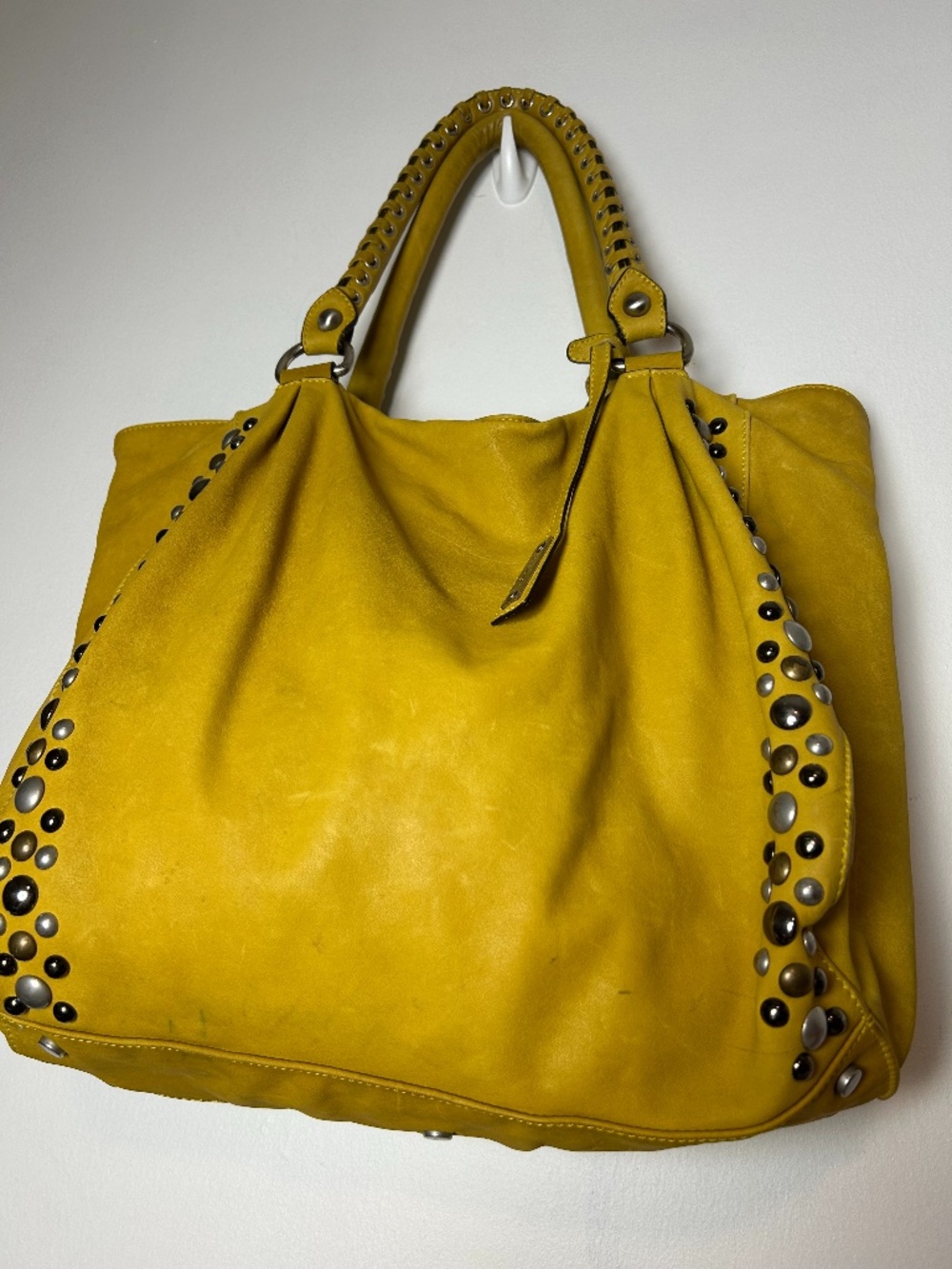 ABRO Italy Mustard Yellow Leather Hobo Slouchy Studded Shoulder Bag Large